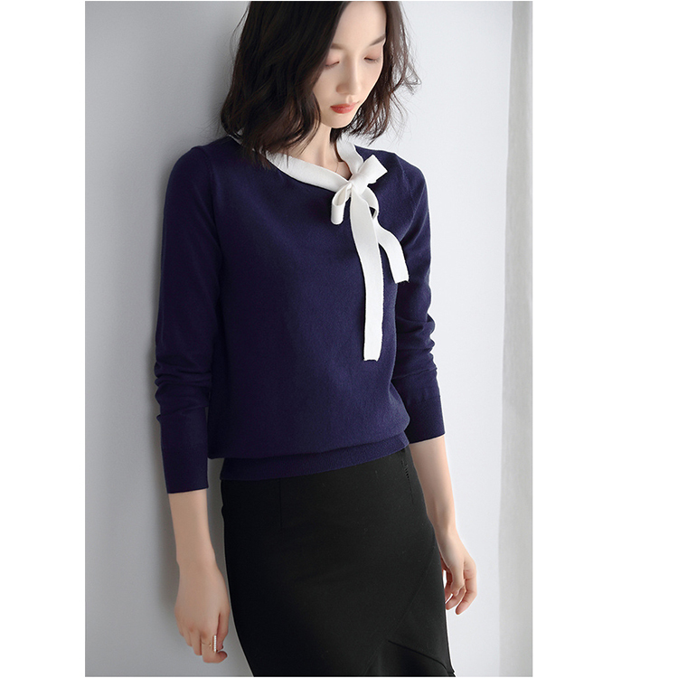 DEER.W 配色蝴蝶結繫帶針織上衣 藏青