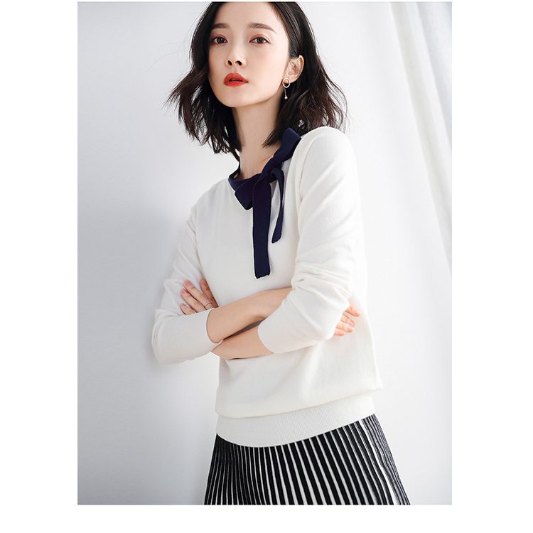 DEER.W 配色蝴蝶結繫帶針織上衣 白色