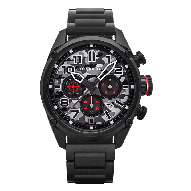 萬年鐘錶 - elegantsis 愛樂時JF47 戰術迷彩  軍事主題灰色迷彩腕錶套組 不鏽鋼錶帶+帆布皮革錶帶可替換布標    ELJF47-6G01MA錶徑47MM