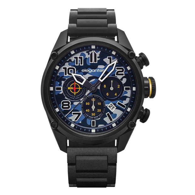 萬年鐘錶 - elegantsis 愛樂時JF47 戰術迷彩  軍事主題藍色迷彩腕錶套組 不鏽鋼錶帶+帆布皮革錶帶可替換布標  ELJF47-6U02MA錶徑47MM