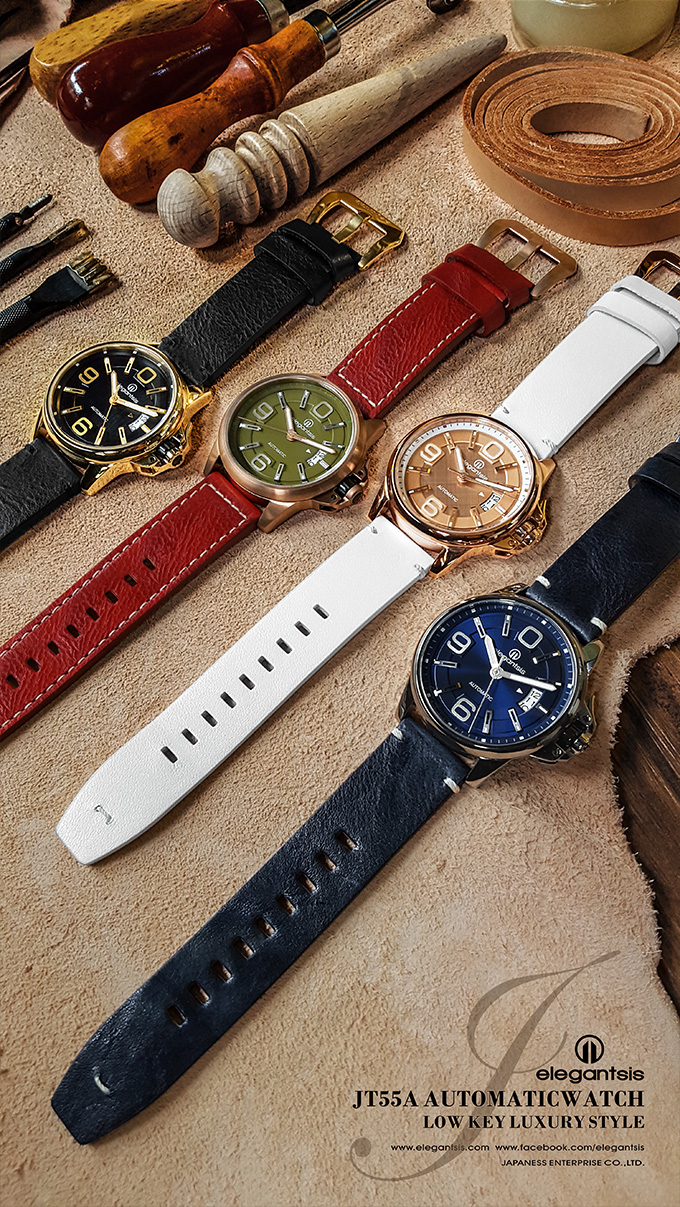 萬年鐘錶 - elegantsis 愛樂時JT55A 低調奢華機械腕錶 黑面金框搭配黑色皮革錶帶 可當個性對錶 ELJT55A-NB03LC 錶徑44MM