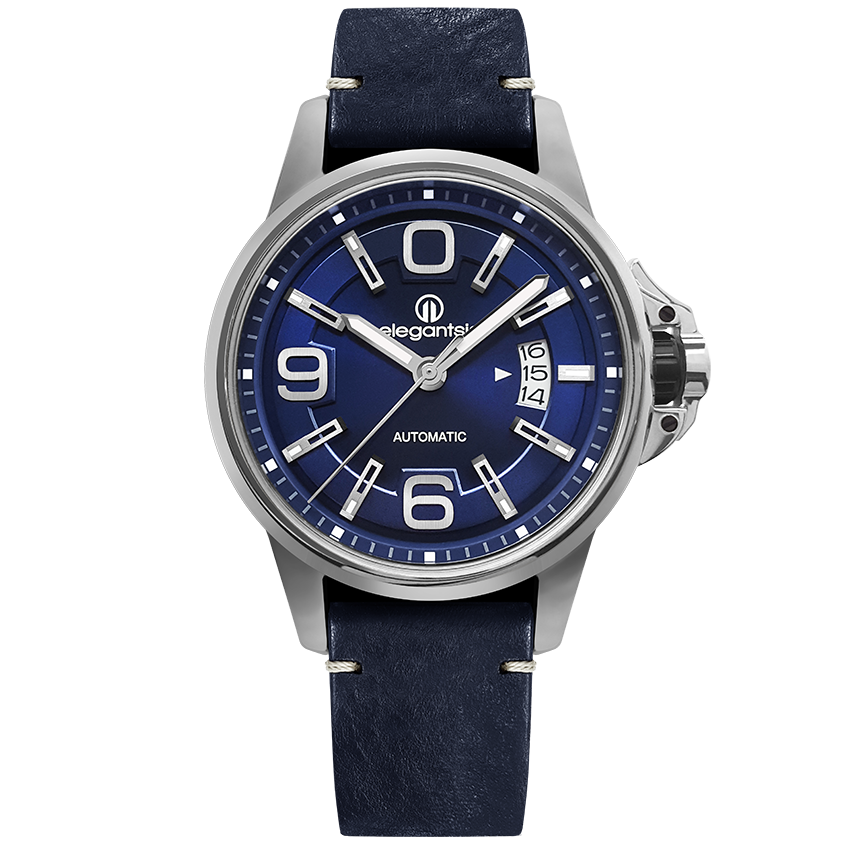 萬年鐘錶 - elegantsis 愛樂時JT55A 低調奢華機械腕錶 藍面搭配藍色皮革錶帶 可當個性對錶 ELJT55A-NU02LC 錶徑44MM