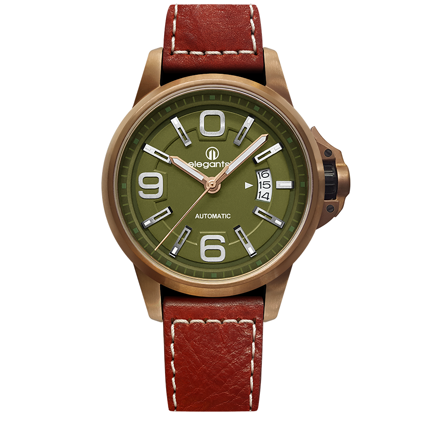 萬年鐘錶 - elegantsis 愛樂時JT55A 低調奢華機械腕錶 綠面玫瑰金框搭配紅色皮革錶帶 可當個性對錶 ELJT55A-NG01LC 錶徑44MM