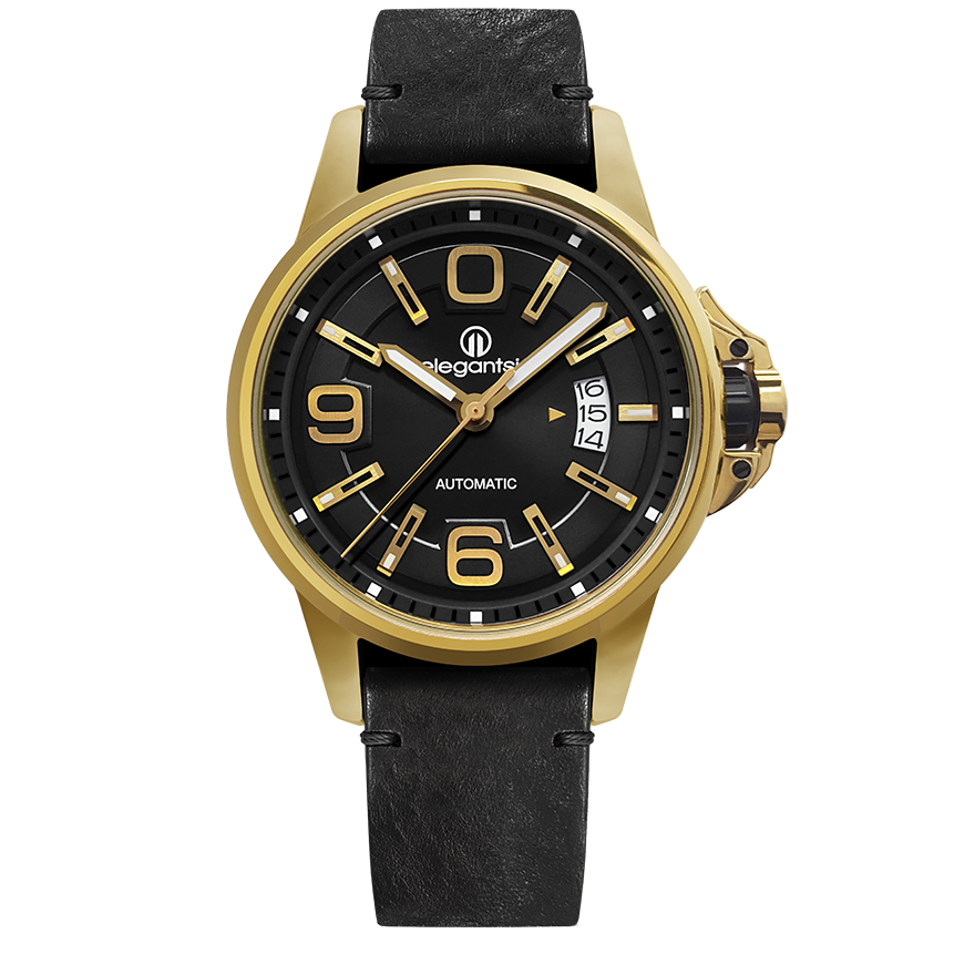 萬年鐘錶 - elegantsis 愛樂時JT55A 低調奢華機械腕錶 黑面金框搭配黑色皮革錶帶 可當個性對錶 ELJT55A-NB03LC 錶徑44MM