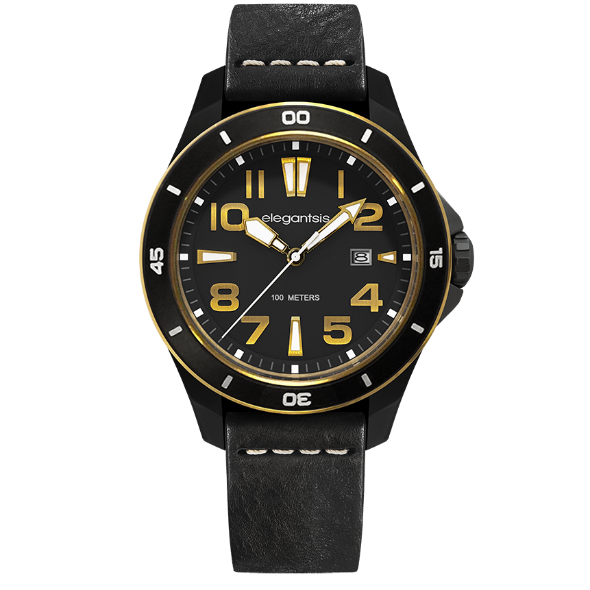 萬年鐘錶 - elegantsis 愛樂時 JT65  自由騎士腕錶 黑金配色 ELJT65-2G01LC 錶徑47MM