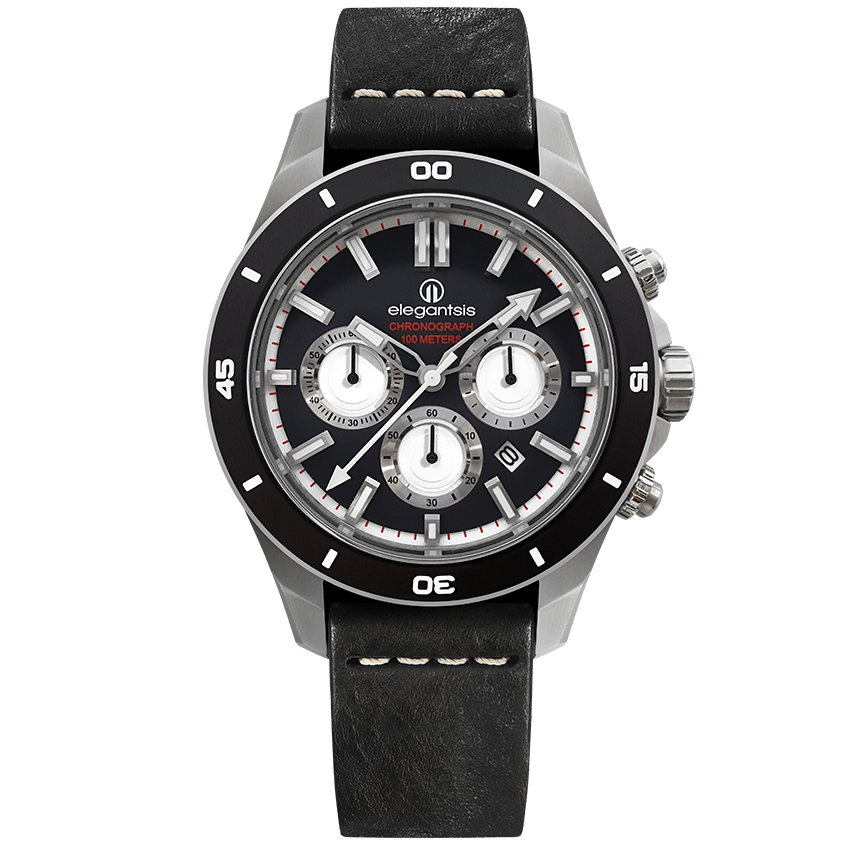 萬年鐘錶 - elegantsis 愛樂時 JT65R 騎士精神腕錶 黑面黑色皮革錶帶 ELJT65R-6B03LC錶徑47MM