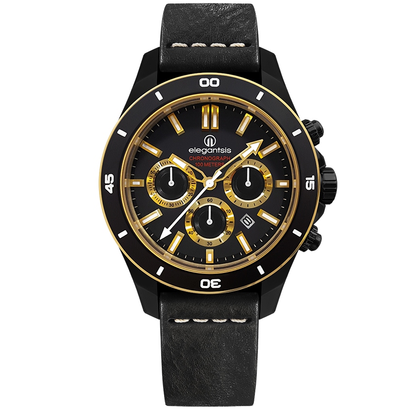 萬年鐘錶 - elegantsis 愛樂時 JT65R 騎士精神腕錶 黑金配色黑色皮革錶帶 ELJT65R-6G02LC 錶徑47MM