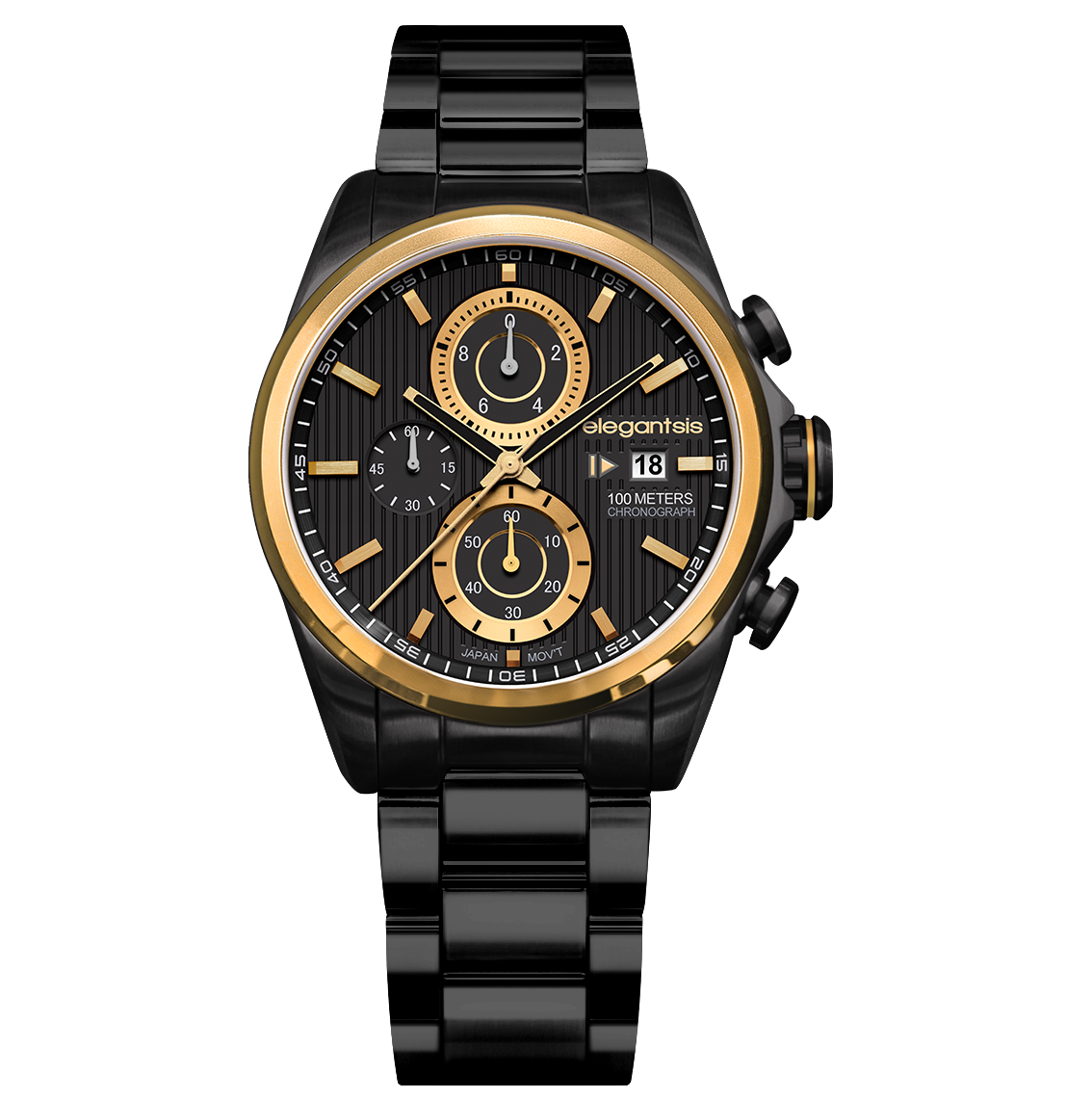 萬年鐘錶 - elegantsis 愛樂時 JT42R MOTORCYCLISTS STYLE  騎士精選腕錶 全黑金框不鏽鋼錶帶 ELJT42R-6B04MA  錶徑46MM