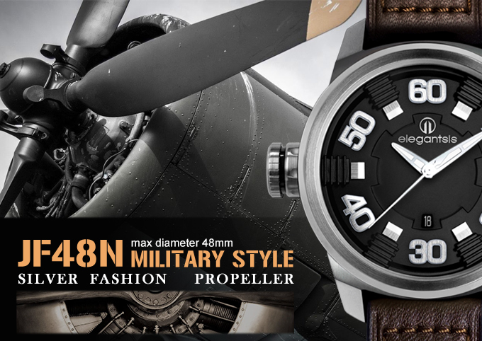 萬年鐘錶 - elegantsis 愛樂時 JF48N  戰鬥機螺旋槳後的引擎排列式面板設計  黑面咖啡色皮革錶帶 ELJF48N-2B01LC錶徑48MM