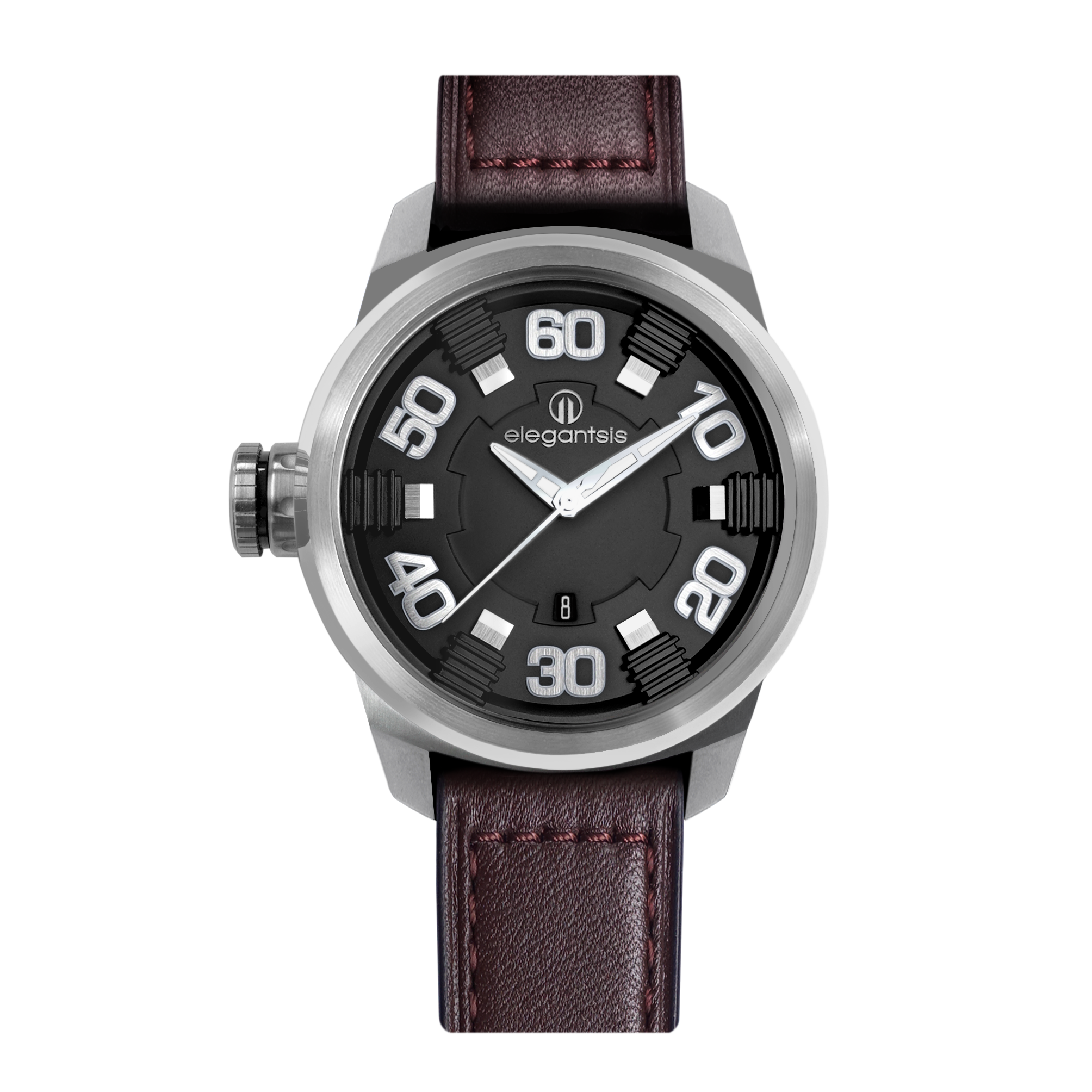 萬年鐘錶 - elegantsis 愛樂時 JF48N  戰鬥機螺旋槳後的引擎排列式面板設計  黑面咖啡色皮革錶帶 ELJF48N-2B01LC錶徑48MM