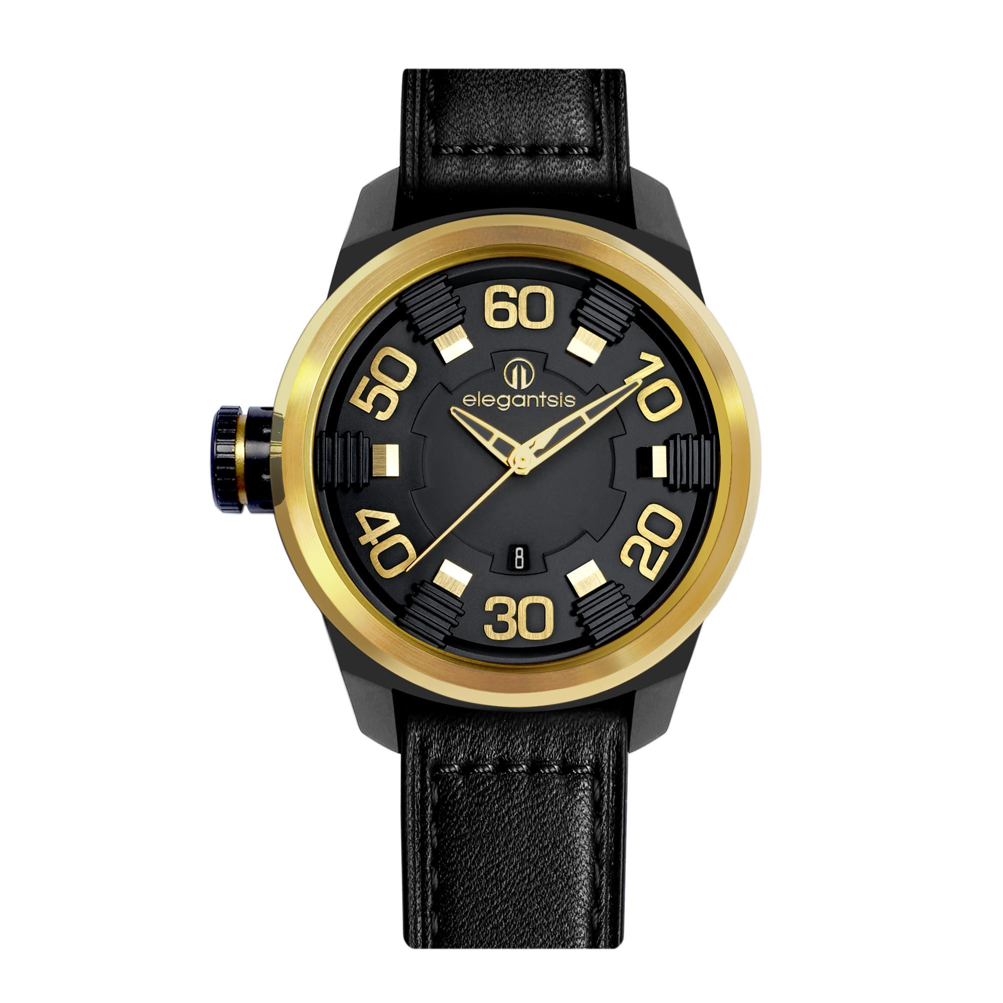 萬年鐘錶 - elegantsis 愛樂時 JF48N  戰鬥機螺旋槳後的引擎排列式面板設計  黑面咖啡色皮革錶帶 ELJF48N-2G02LC 錶徑48MM