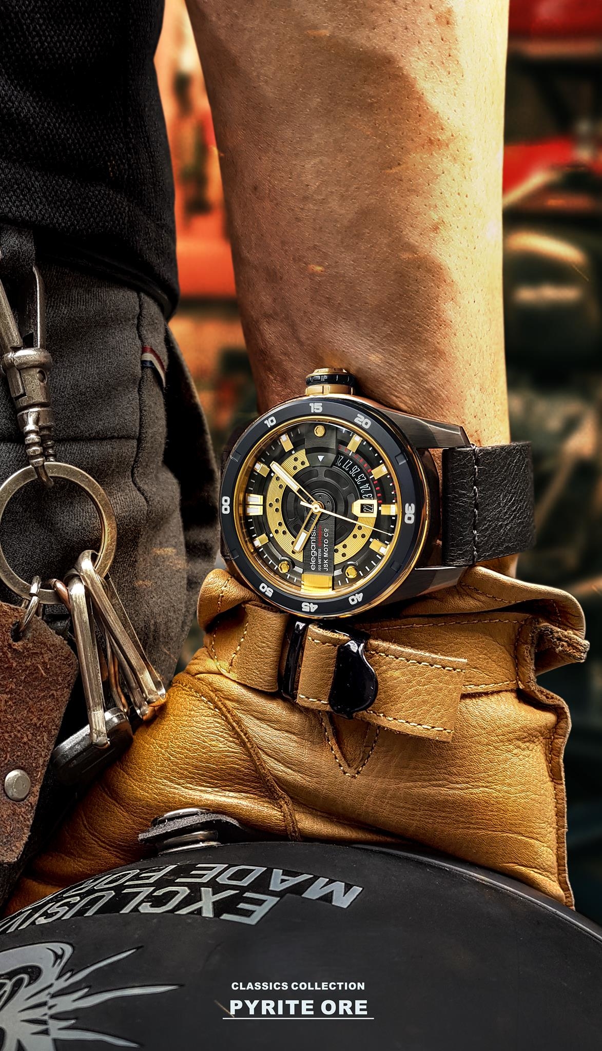 萬年鐘錶 - elegantsis 愛樂時   elegantsis x JSK moto - JX65AS  重機職人腕錶 限量發行 黑金配色套裝腕錶組合 ELJX65AS-J1SG3L 錶徑47MM