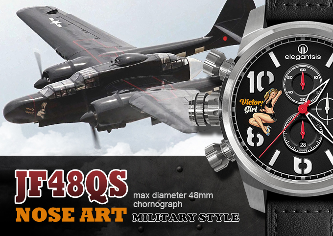 萬年鐘錶 - elegantsis 愛樂時   JF48QS-NOSE ART 軍機機頭位置彩繪的視覺藝術  機頭藝術-女郎 黑面黑色皮革錶帶 ELJF48QS-OB01LC 錶徑48MM