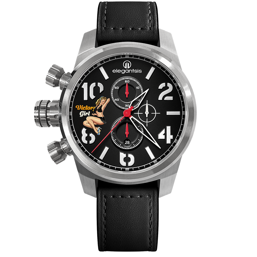 萬年鐘錶 - elegantsis 愛樂時   JF48QS-NOSE ART 軍機機頭位置彩繪的視覺藝術  機頭藝術-女郎 黑面黑色皮革錶帶 ELJF48QS-OB01LC 錶徑48MM