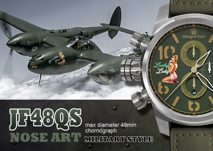 萬年鐘錶 - elegantsis 愛樂時   JF48QS-NOSE ART 軍機機頭位置彩繪的視覺藝術  機頭藝術-女郎 綠面綠色皮革錶帶 ELJF48QS-OG03LC錶徑48MM