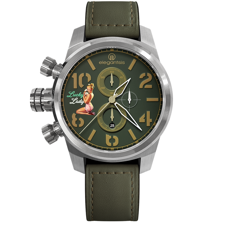 萬年鐘錶 - elegantsis 愛樂時   JF48QS-NOSE ART 軍機機頭位置彩繪的視覺藝術  機頭藝術-女郎 綠面綠色皮革錶帶 ELJF48QS-OG03LC錶徑48MM