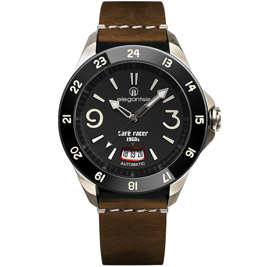 萬年鐘錶 - elegantsis 愛樂時 CafeRacer風格主題自動機械腕錶   JR65AS-黑面棕  ELJR65AS-C1NB2L 錶徑44MM