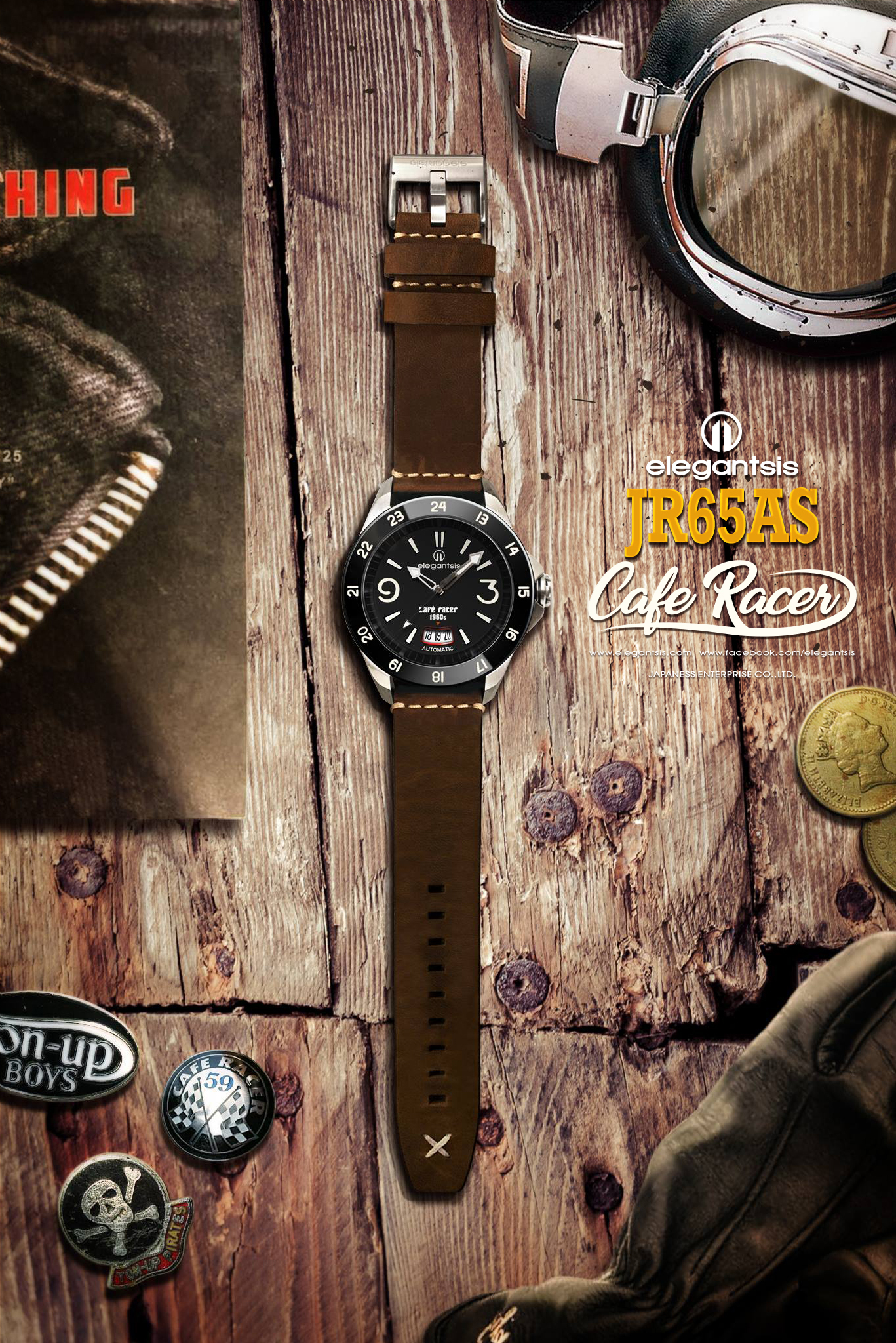 萬年鐘錶 - elegantsis 愛樂時 CafeRacer風格主題自動機械腕錶   JR65AS-黑面棕  ELJR65AS-C1NB2L 錶徑44MM