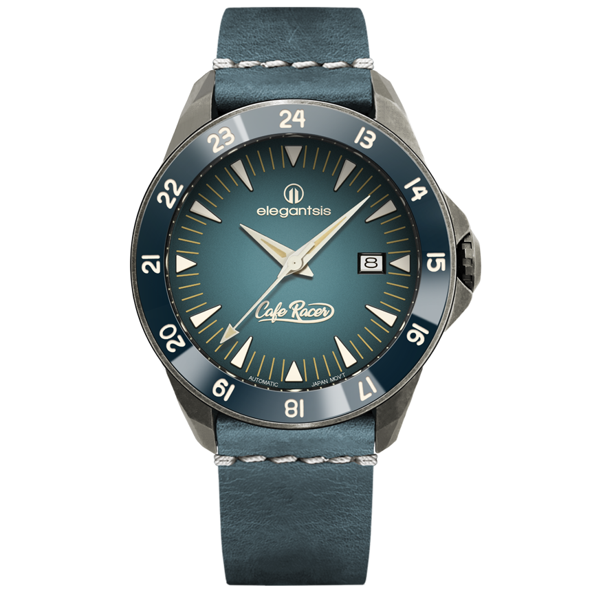 萬年鐘錶 - elegantsis 愛樂時 CafeRacer風格主題自動機械腕錶   JR65AS-復刻藍  ELJR65AS-C1NB3L 錶徑44MM