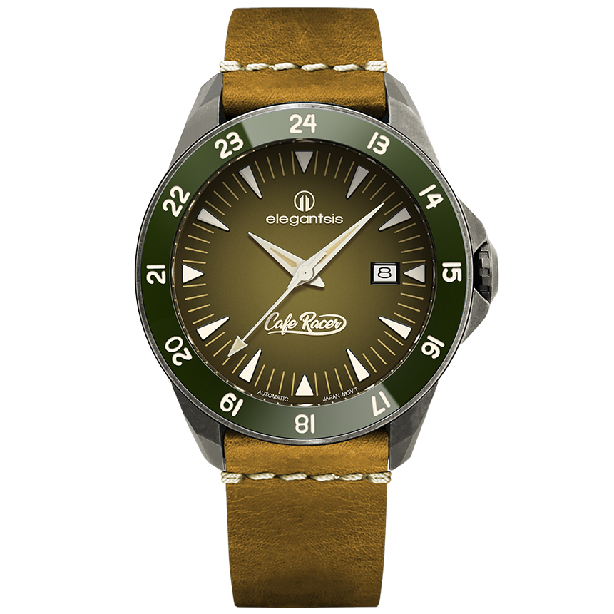 萬年鐘錶 - elegantsis 愛樂時 CafeRacer風格主題自動機械腕錶  JR65AS-復刻綠  ELJR65AS-C1NG4L 錶徑44MM