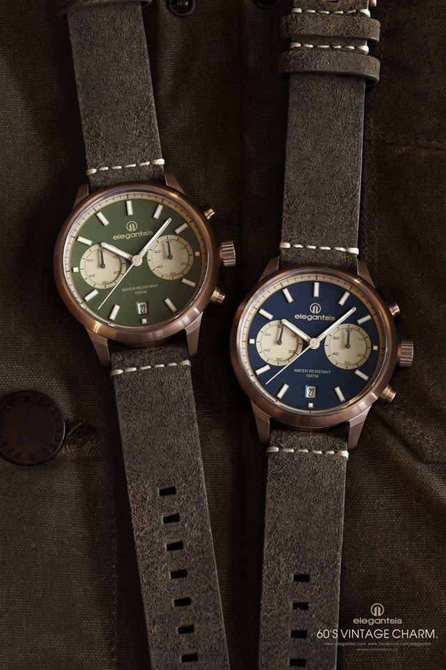 萬年鐘錶 - elegantsis 愛樂時  JT58QS-承載老靈魂的新腕錶  復刻綠面復古牛皮錶帶 特殊銅色錶殼 ELJT58QS-6G02LC 錶徑42MM