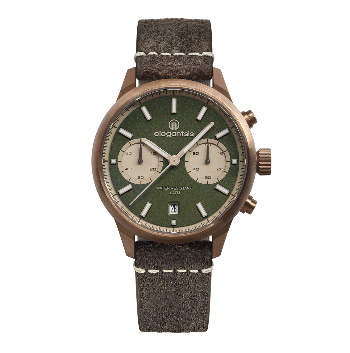 萬年鐘錶 - elegantsis 愛樂時  JT58QS-承載老靈魂的新腕錶  復刻綠面復古牛皮錶帶 特殊銅色錶殼 ELJT58QS-6G02LC 錶徑42MM