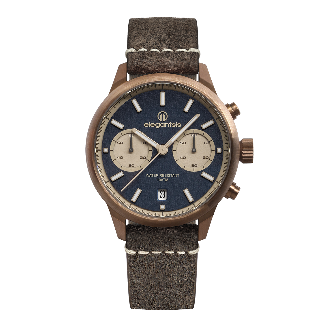 萬年鐘錶 - elegantsis 愛樂時  JT58QS-承載老靈魂的新腕錶  復刻藍面復古牛皮錶帶 特殊銅色錶殼 ELJT58QS-6B01LC 錶徑42MM