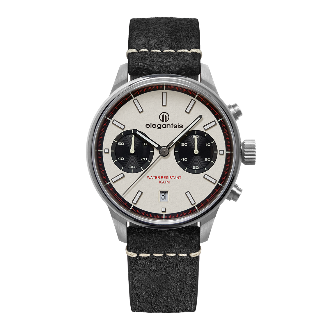萬年鐘錶 - elegantsis 愛樂時  JT58QS-承載老靈魂的新腕錶  米白錶面復古黑色牛皮錶帶 銀色錶殼 ELJT58QS-6W04LC錶徑42MM