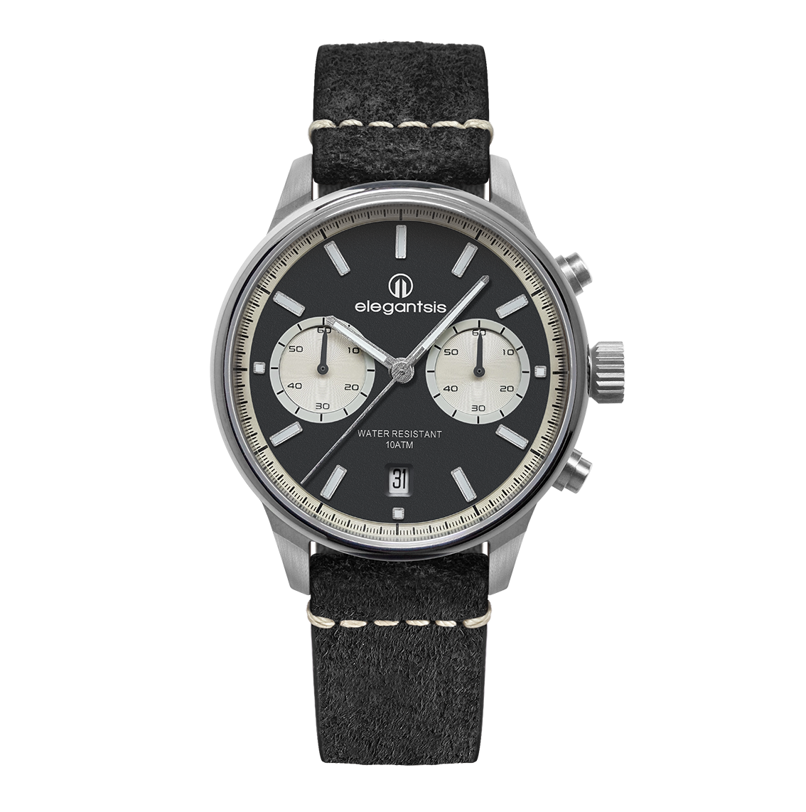 萬年鐘錶 - elegantsis 愛樂時  JT58QS-承載老靈魂的新腕錶  黑色錶面復古黑色牛皮錶帶 銀色錶殼ELJT58QS-6G03LC錶徑42MM