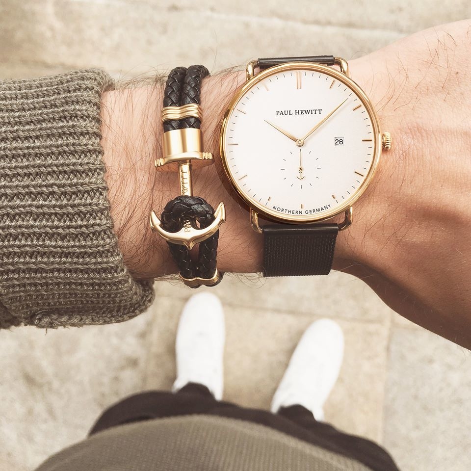 萬年鐘錶 - 德國品牌 PAUL HEWITT 船錨錶飾品 PH-PH-L-G-B 設計師品牌 皮革系列 黑色皮革金色船錨扣  XS/S/M/L/XL/XXL