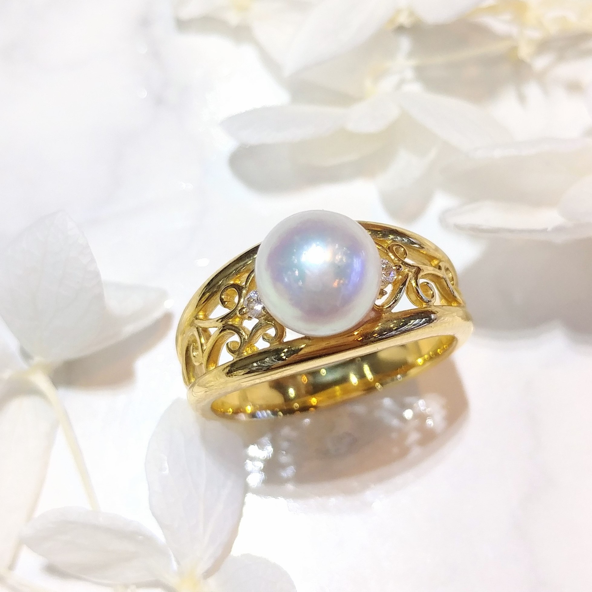 全新18K黃金珍珠配4份鑽石戒指