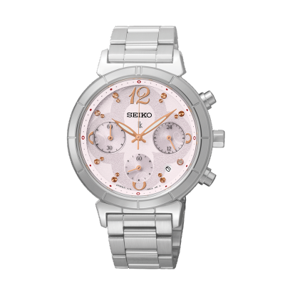 萬年鐘錶 - SEIKO 日本精工錶 LUKIA 系列 時光的禮物  太陽能計時碼錶系列 粉色錶面搭配鏽鋼錶帶 SSC857J1 / V175-0CZ0S 錶徑 36MM