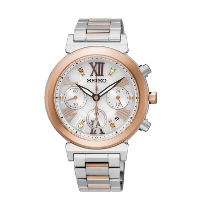 萬年鐘錶 - SEIKO 日本精工錶 LUKIA 系列 時光的禮物  太陽能計時碼錶系列 白色面盤不銹鋼錶帶女錶 SSC854J1 / V175-0DR0KS 錶徑 36MM