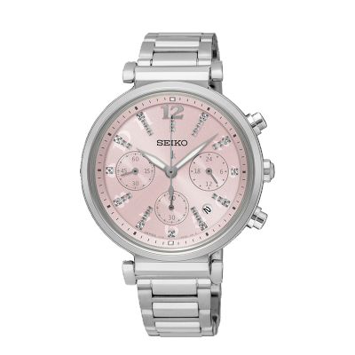 萬年鐘錶 - SEIKO 日本精工錶 LUKIA 系列 時光的禮物  太陽能計時碼錶系列 粉色錶面搭配不鏽鋼錶帶 SSC845J1 / V175-0DY0P 錶徑 36.2MM