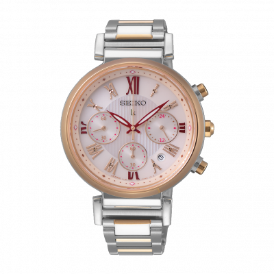 萬年鐘錶 - SEIKO 日本精工錶 LUKIA 系列 時光的禮物  太陽能計時碼錶系列 粉紅色錶面玫瑰金框搭配不鏽鋼錶帶 SSC836J1 / V175 錶徑 36.2MM