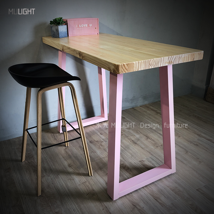 台灣製-繽紛粉紅鐵藝斜角實木吧檯桌|可訂製