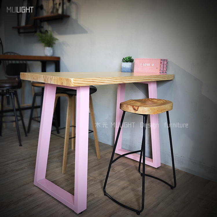 台灣製-繽紛粉紅鐵藝斜角實木吧檯桌|可訂製