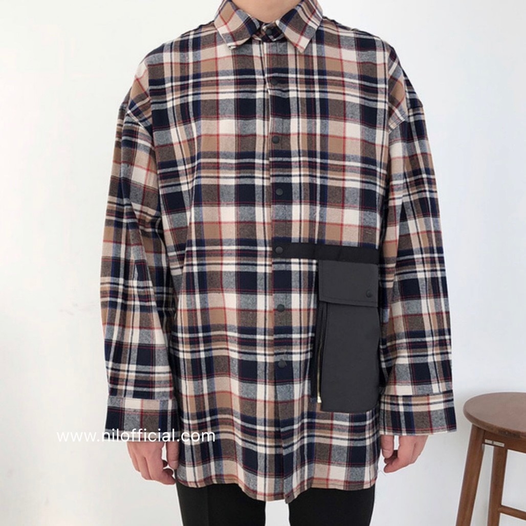 韓國 大口袋寬鬆格紋襯衫