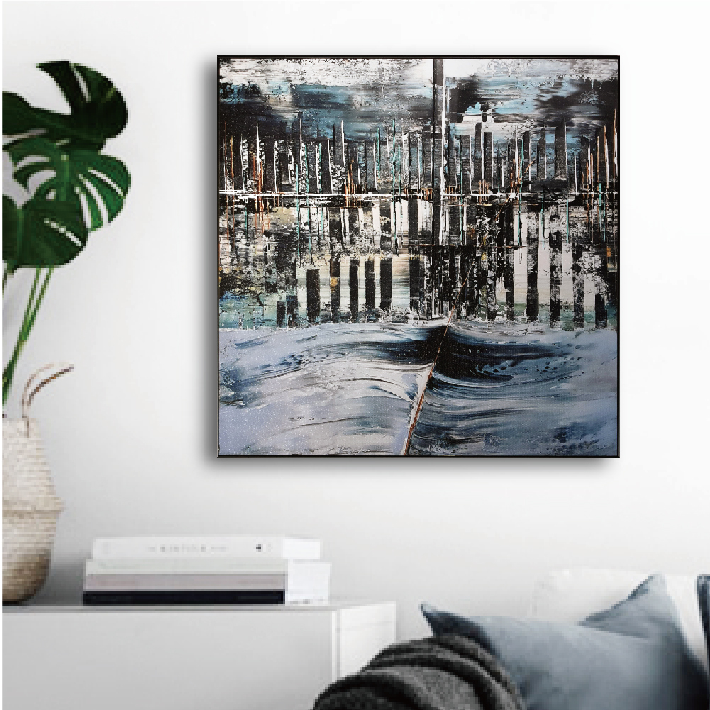 北歐生活版畫有框畫50x50-藍繪城市B WA83