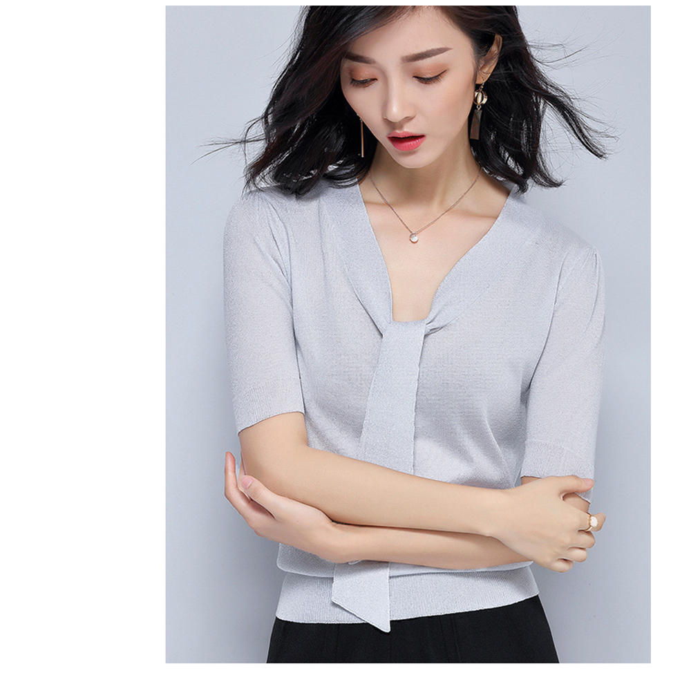 DEER.W綁帶金絲涼感針織上衣 銀灰