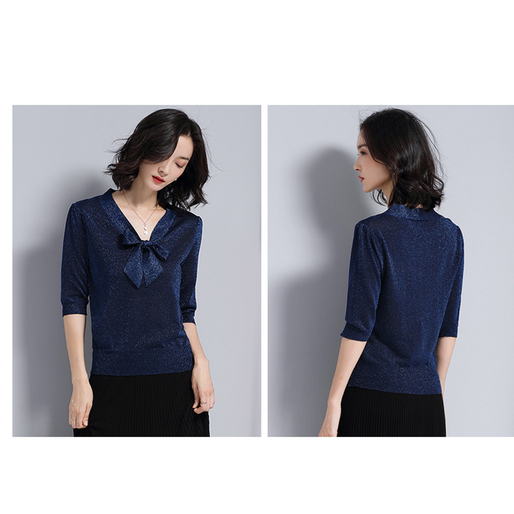 DEER.W綁帶金絲涼感針織上衣 藏青