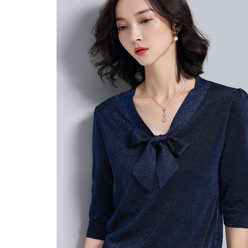 DEER.W綁帶金絲涼感針織上衣 藏青