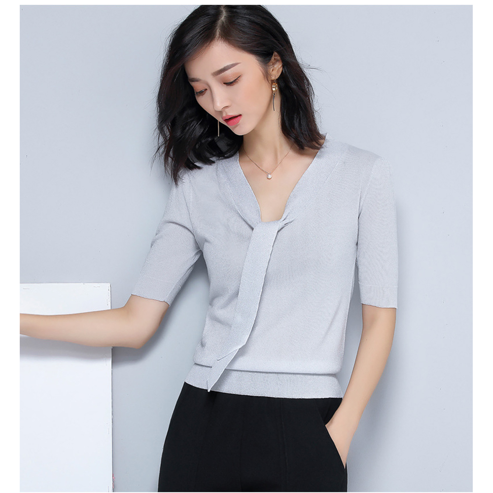 DEER.W綁帶金絲涼感針織上衣 銀灰