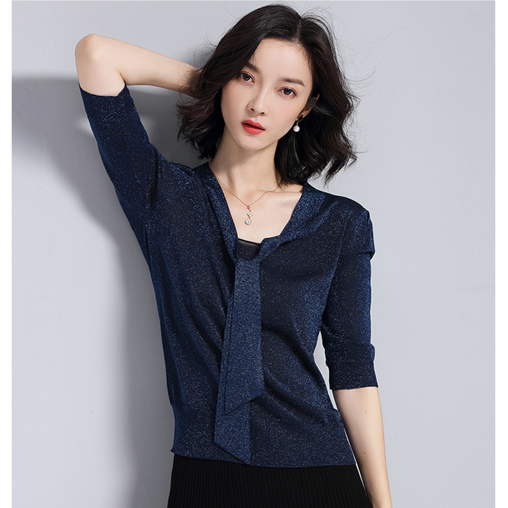 DEER.W綁帶金絲涼感針織上衣 藏青