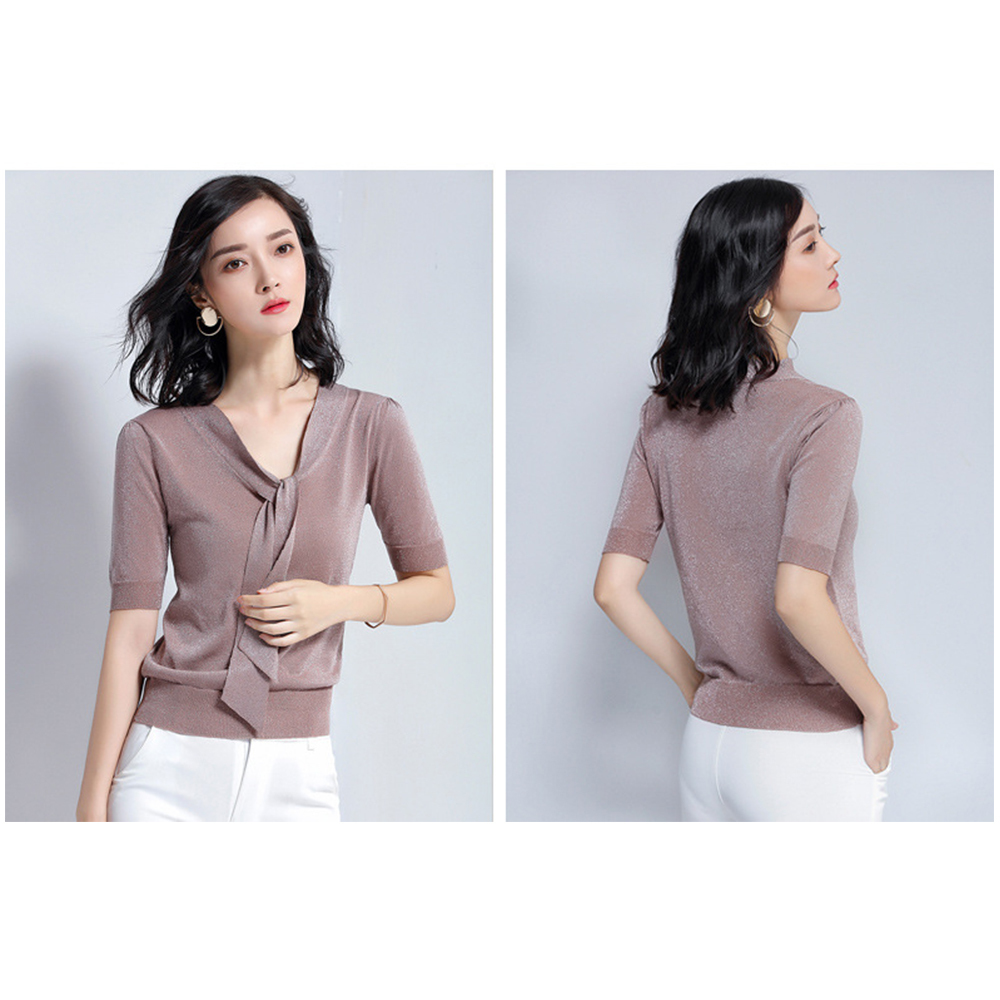 DEER.W綁帶金絲涼感針織上衣 淺棕