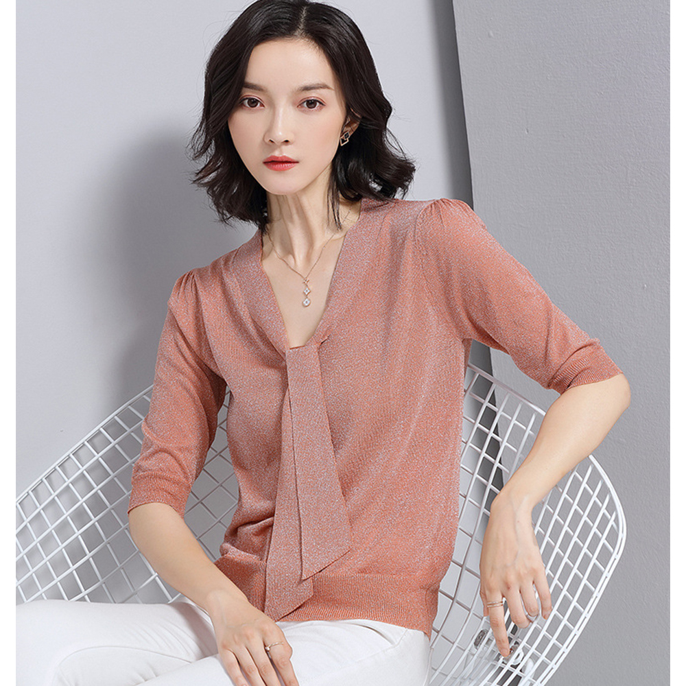 DEER.W綁帶金絲涼感針織上衣 粉橘