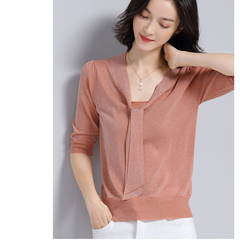 DEER.W綁帶金絲涼感針織上衣 粉橘