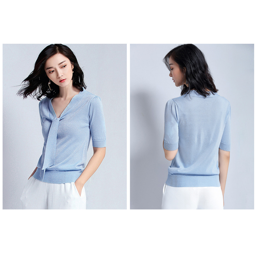 DEER.W綁帶金絲涼感針織上衣 粉藍