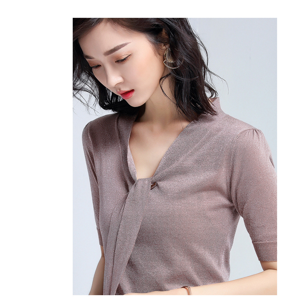 DEER.W綁帶金絲涼感針織上衣 淺棕