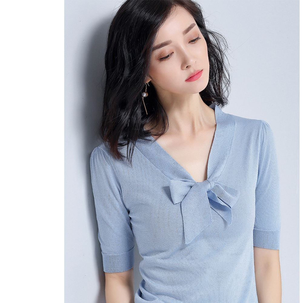 DEER.W綁帶金絲涼感針織上衣 粉藍